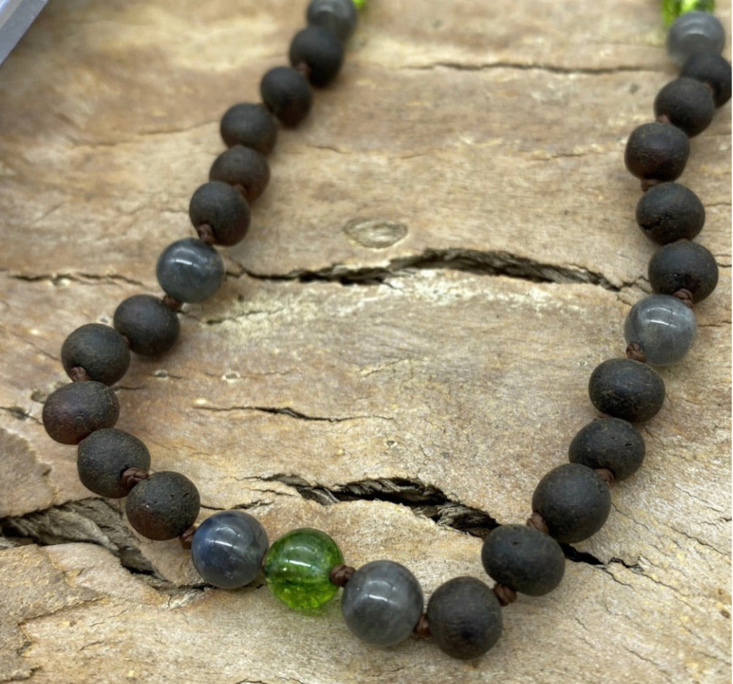 Raw Dark Cherry Baltic Amber, Labradorite and Green Bead Teething Necklace